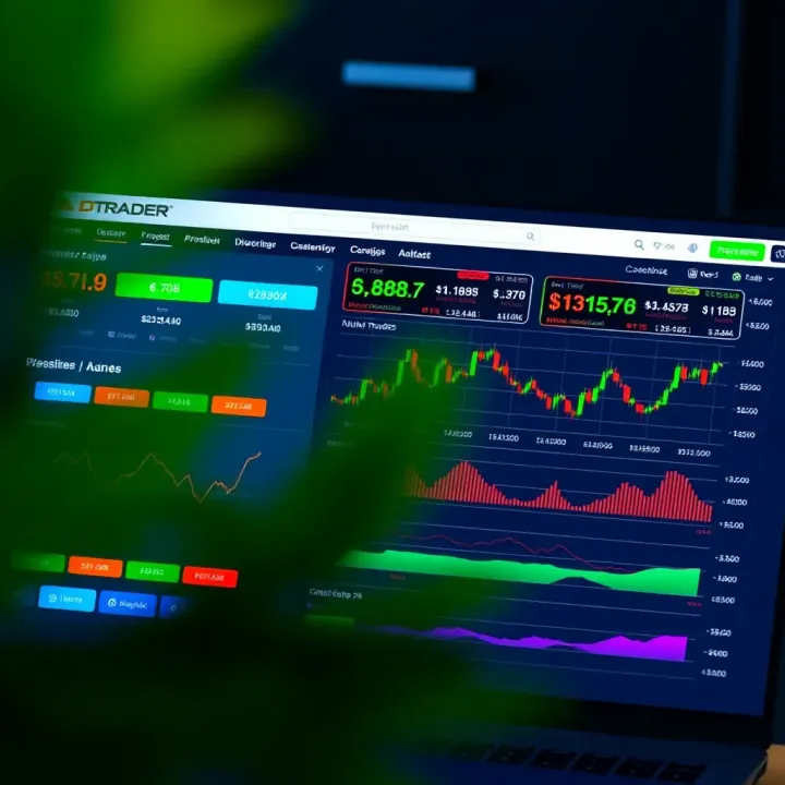DTrader interface displaying various trading assets and market charts on a digital screen