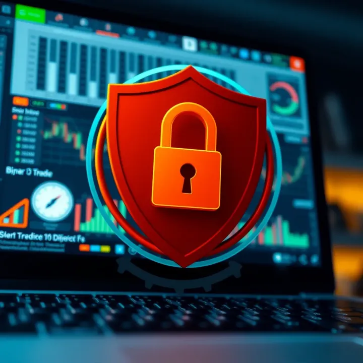 Visual representation of secure online trading with encryption and protection symbols