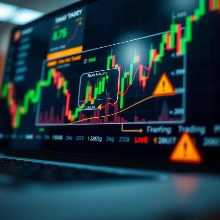 Visual representation of risk management strategies in binary trading with graph and warning icons