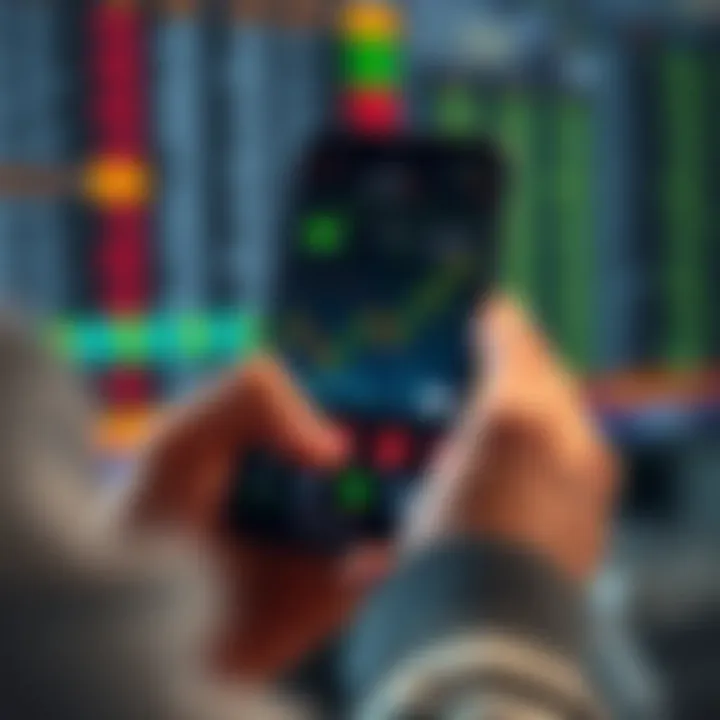Person using a smartphone to analyze forex market trends with candlestick graphs and currency indicators