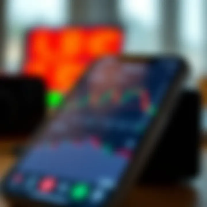 Mobile phone displaying a trading app interface with graphs and charts