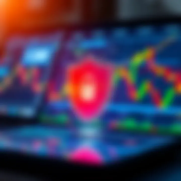 Ensuring Safety and Security in Mobile Trading Platforms Visual representation of secure financial transactions with digital shield and stock market graphs