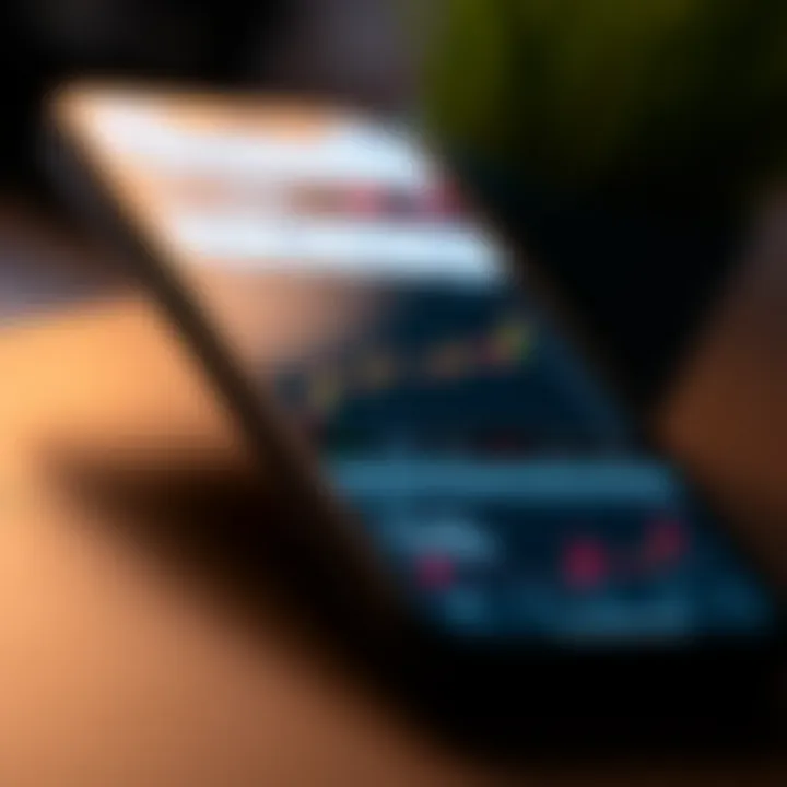 Mobile phone displaying a forex trading app interface with currency charts and trading options