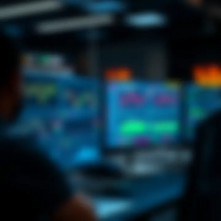 Modern trading dashboard with multiple monitors showing charts and market data