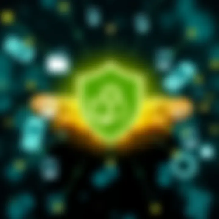 Secure digital transaction concept featuring shield and mobile payment icons