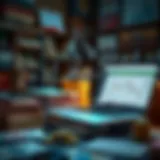 Conceptual graphic of a learning environment with books, a laptop, and currency symbols representing forex education