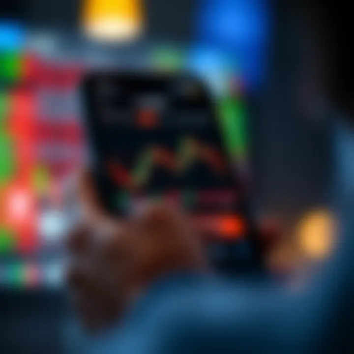 Mobile phone screen displaying a forex trading app interface with charts and currency pairs