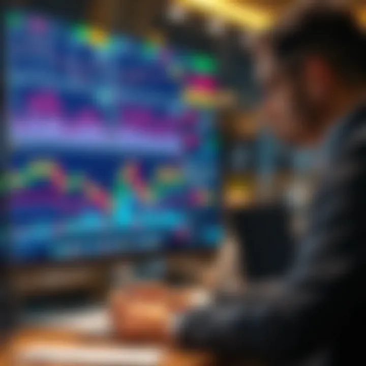 Navigating Market Fluctuations for Smarter Investment Decisions Investor analyzing fluctuating market trends on a digital screen with charts and data