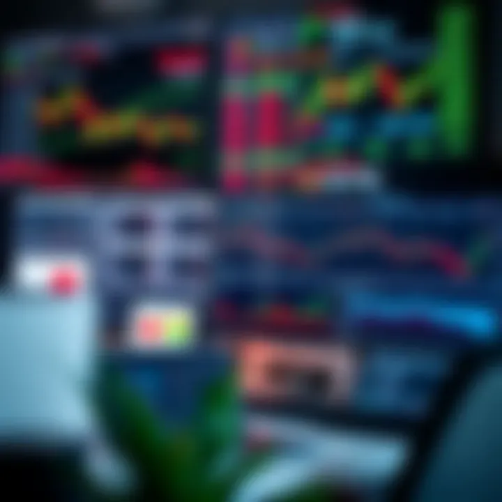 Comprehensive Trading Setup with Market Data and Analysis Tools Desktop setup with multiple monitors displaying stock market data and analysis tools
