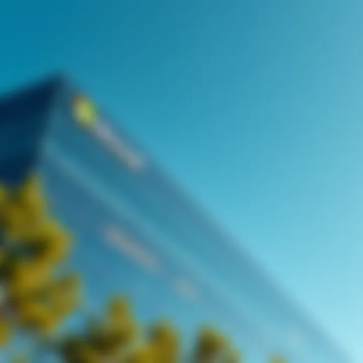 Microsoft headquarters showcasing modern glass architecture with a clear blue sky