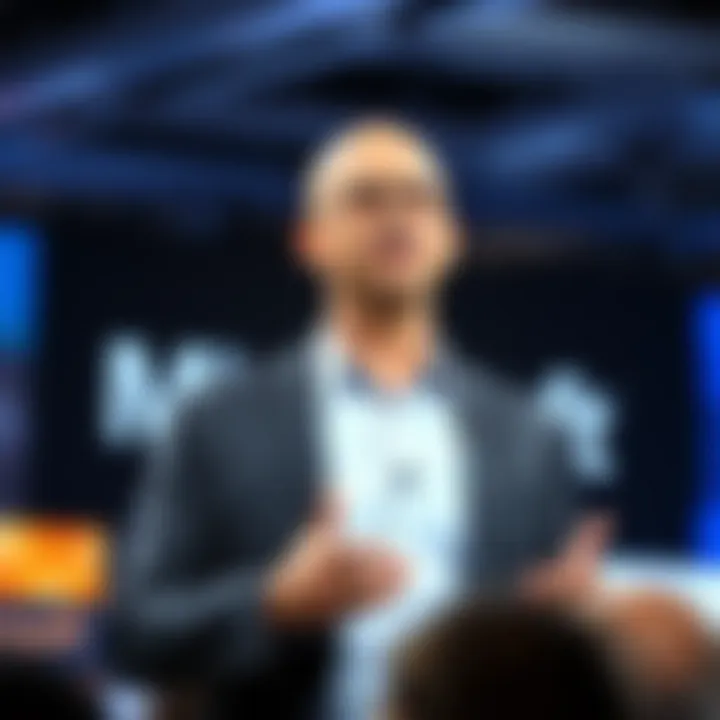 Satya Nadella delivering a keynote presentation at a technology conference