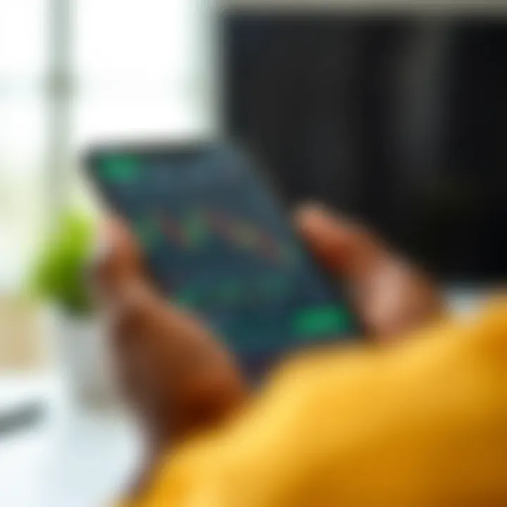 User Interface of a Trading App Featuring Stock Market Data Mobile phone displaying a user interface of a trading app with stock charts and market data