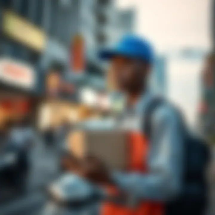 Courier holding a package with mobile device in hand, navigating city streets for efficient delivery