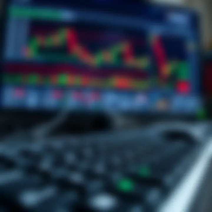 Simulated Financial Charts for Trading Practice Keyboard and computer screen showing simulated financial charts during trading practice