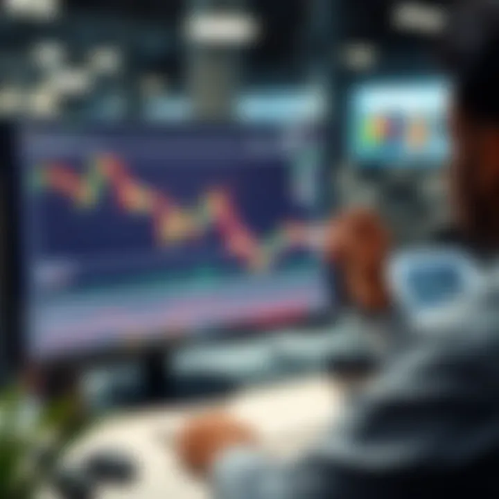 Analyzing Market Data Using a Virtual Trading Environment Conceptual illustration of a trader analyzing simulated market data on a computer screen in a virtual trading environment