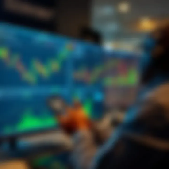 Trader analyzing virtual trading platform showing charts and indicators