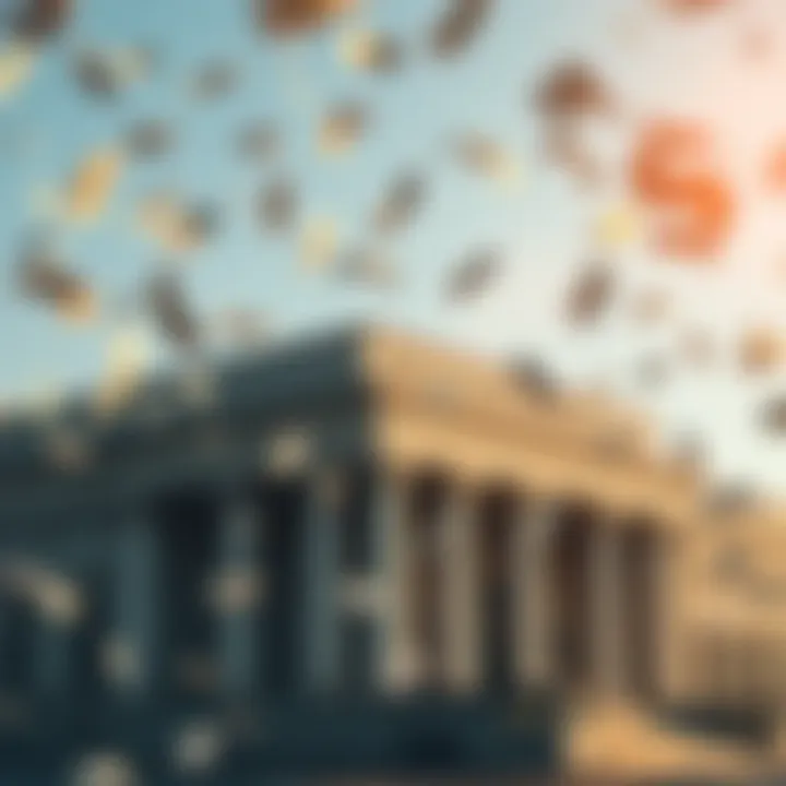 Central bank building with currency symbols floating around representing monetary policy and currency supply control
