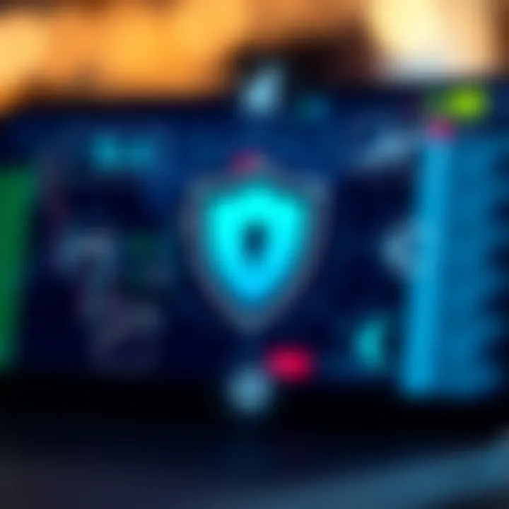 Illustration of key features icons such as security shield, chart analytics, and currency symbols