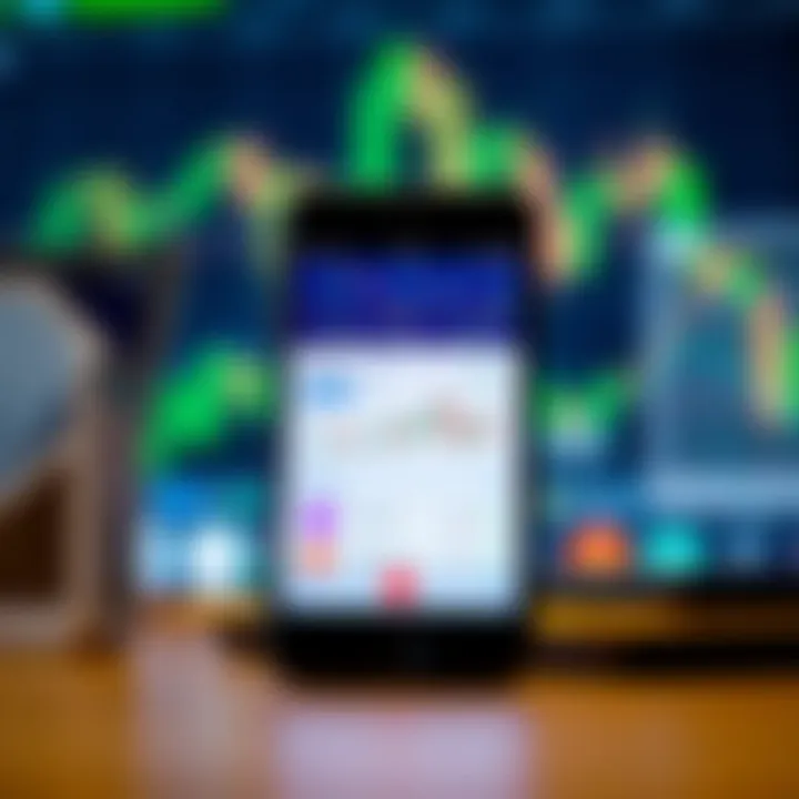Mobile phone screen showing a trading application interface with graphs and market data