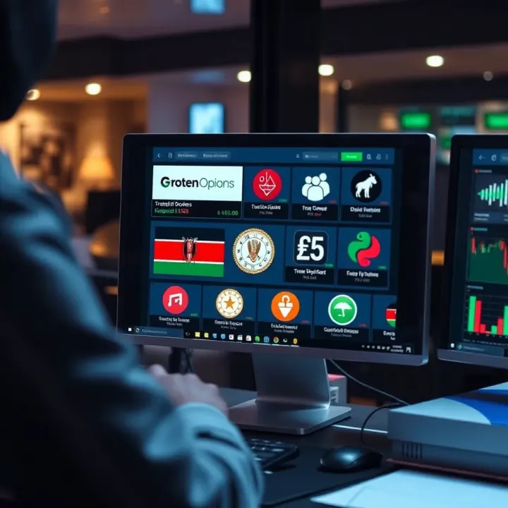 Illustration of a computer screen displaying trusted broker platforms and regulatory compliance symbols relevant to Kenya