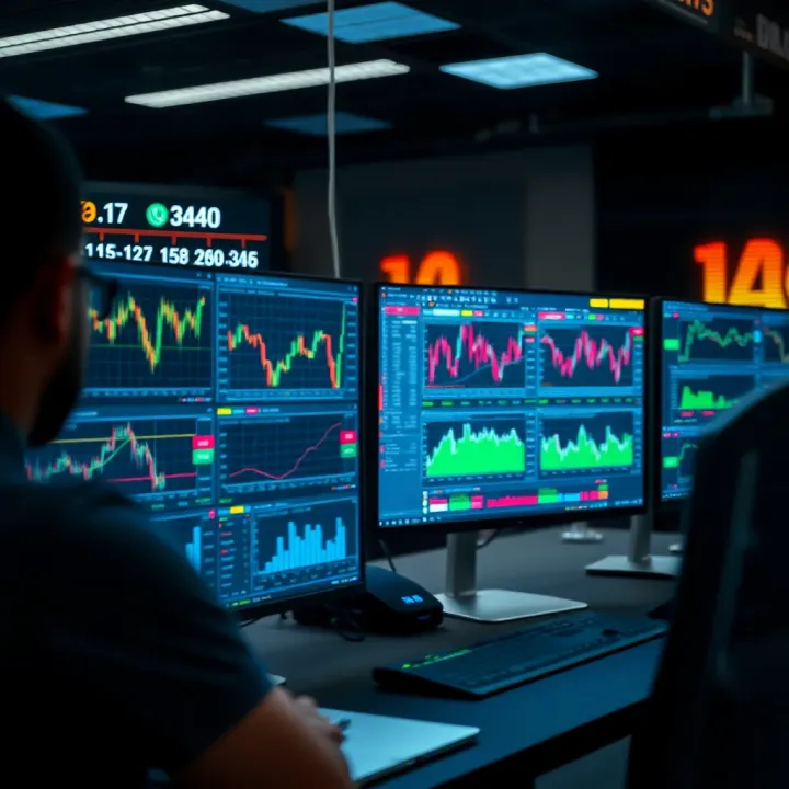 Trading Tools and Strategies Utilized by DB Traders Modern trading dashboard with multiple monitors showing charts and market data