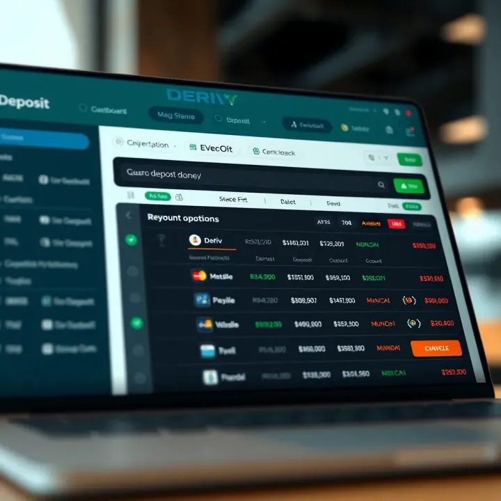 Deriv Trading Account Deposit Interface with Payment Options Deriv trading platform dashboard showing deposit options and account balance