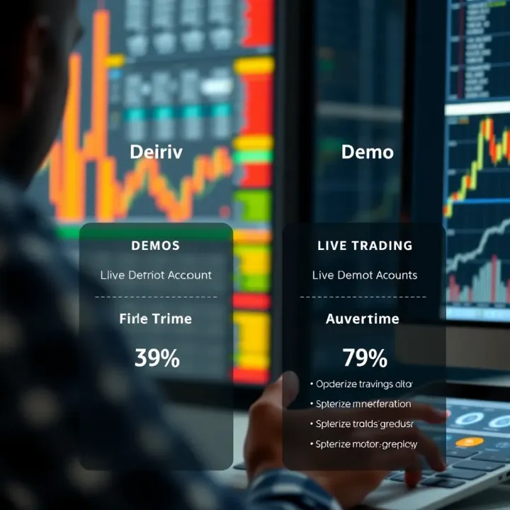 Comparing Features of Deriv Demo and Live Trading Accounts Illustration showing comparison between demo and live trading accounts with charts and icons