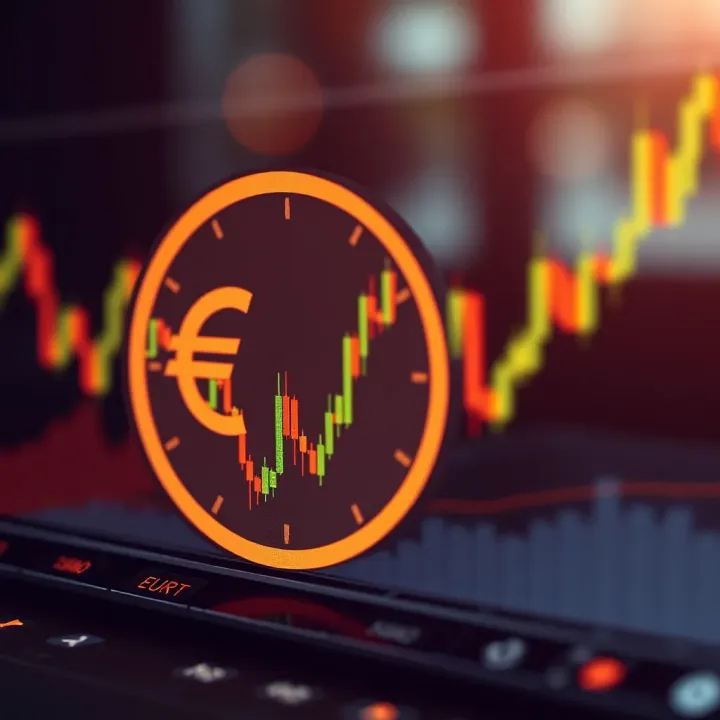 Graph showing the EUR/USD currency pair fluctuating with market trend indicators