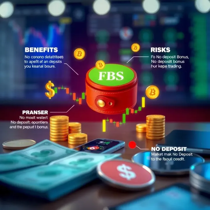 Visual Representation of FBS No Deposit Bonus Benefits and Risks Graphic depicting the concept of a no deposit bonus with symbols of money, trading icons, and a digital wallet