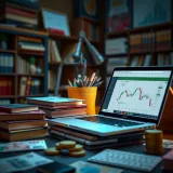 Conceptual graphic of a learning environment with books, a laptop, and currency symbols representing forex education