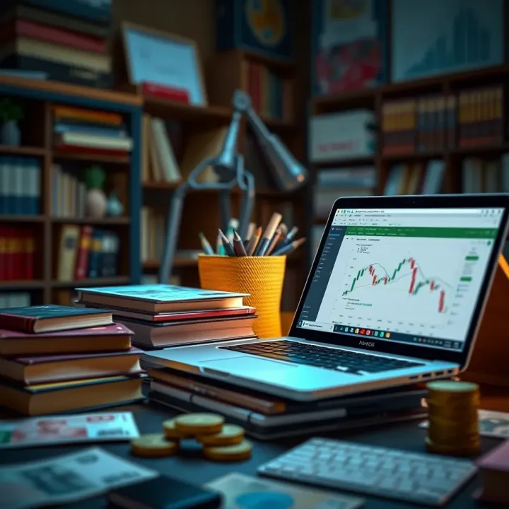 Conceptual graphic of a learning environment with books, a laptop, and currency symbols representing forex education