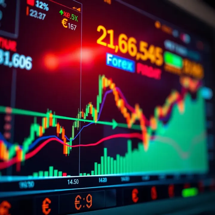 Graph showing automated forex trading performance on a digital screen with currency symbols
