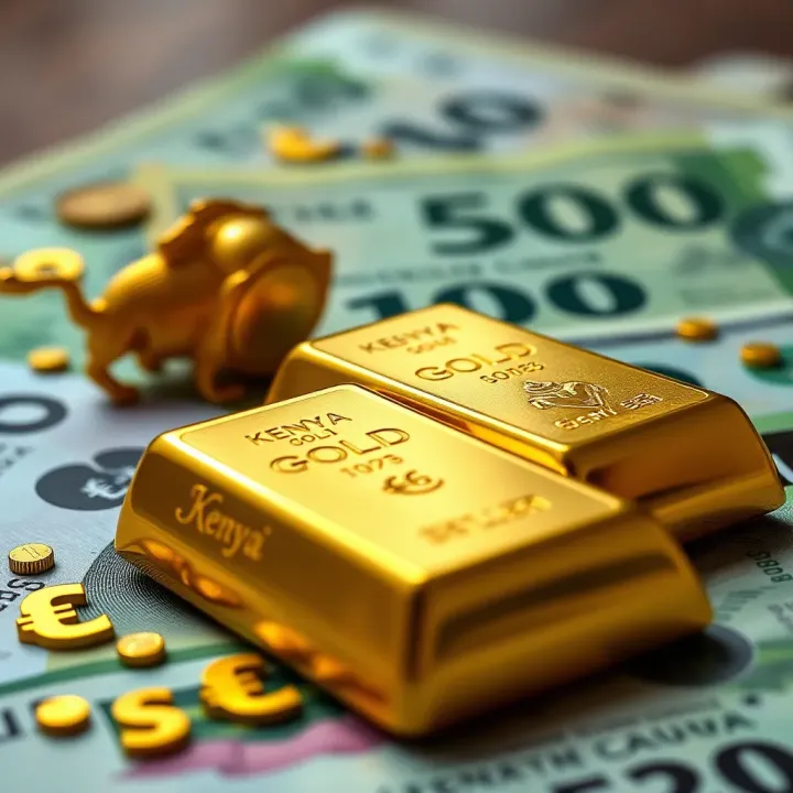 Illustration of gold bars with Kenyan currency and economic symbols