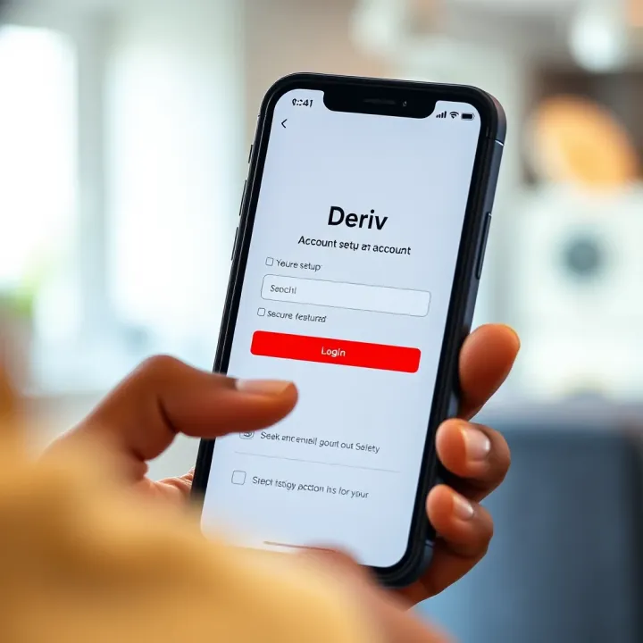 Account Setup Screen on Deriv App User setting up an account on the Deriv app on a smartphone with secure login features