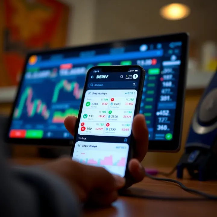Mobile phone displaying Deriv trading platform with various market options and charts