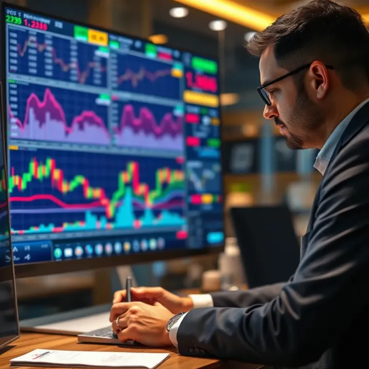 Investor analyzing fluctuating market trends on a digital screen with charts and data