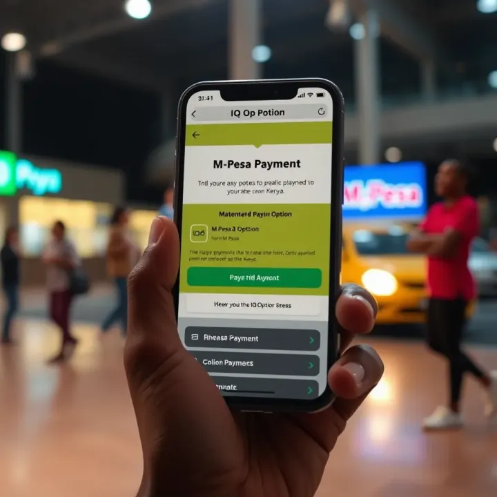 Mobile phone screen displaying M-Pesa payment option integrated with IQ Option app