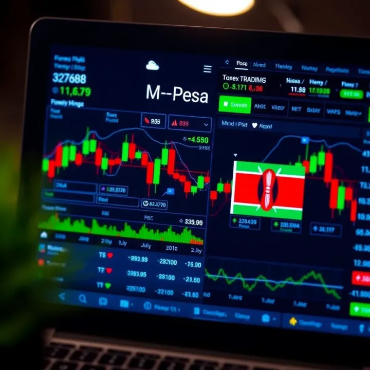 Illustration of a forex trading platform screen showing currency charts and Kenyan flag icons