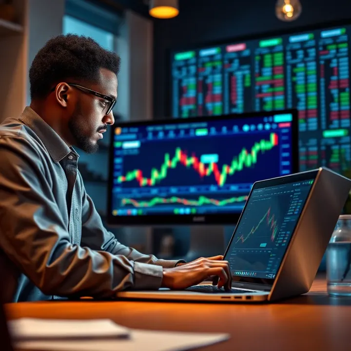 Kenyan investor reviewing international market charts and trading data on a laptop