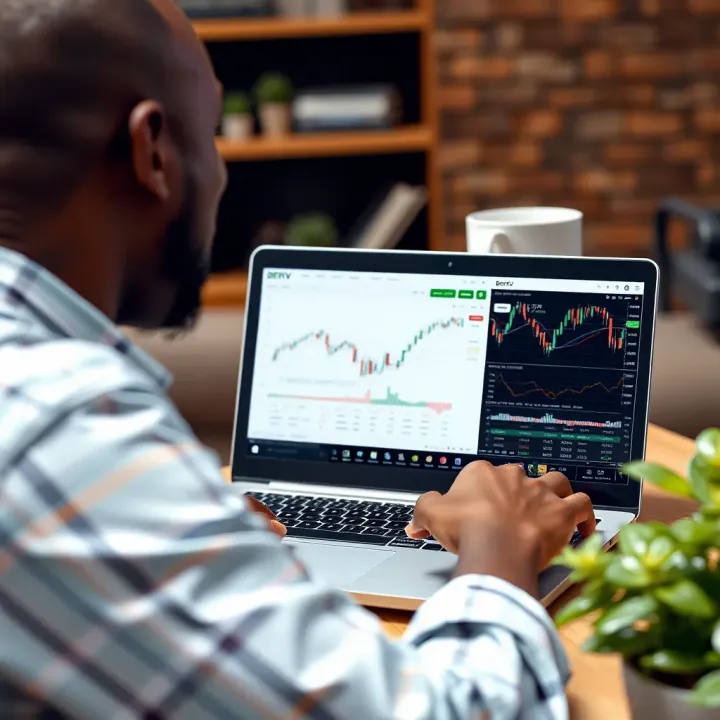 Kenyan trader using Deriv demo account on laptop for practice trading