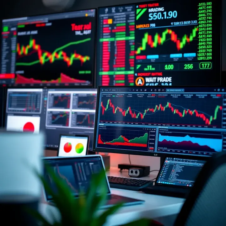 Comprehensive Trading Setup with Market Data and Analysis Tools Desktop setup with multiple monitors displaying stock market data and analysis tools