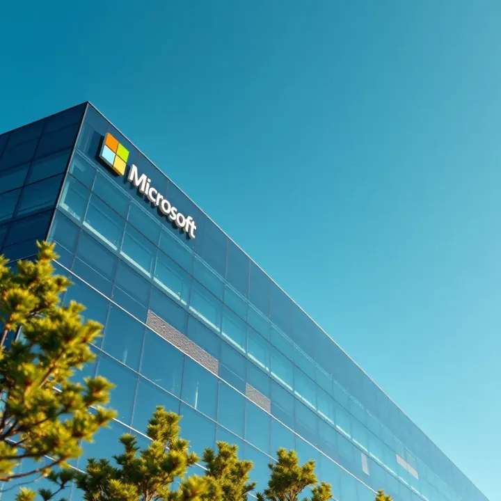 Microsoft headquarters showcasing modern glass architecture with a clear blue sky