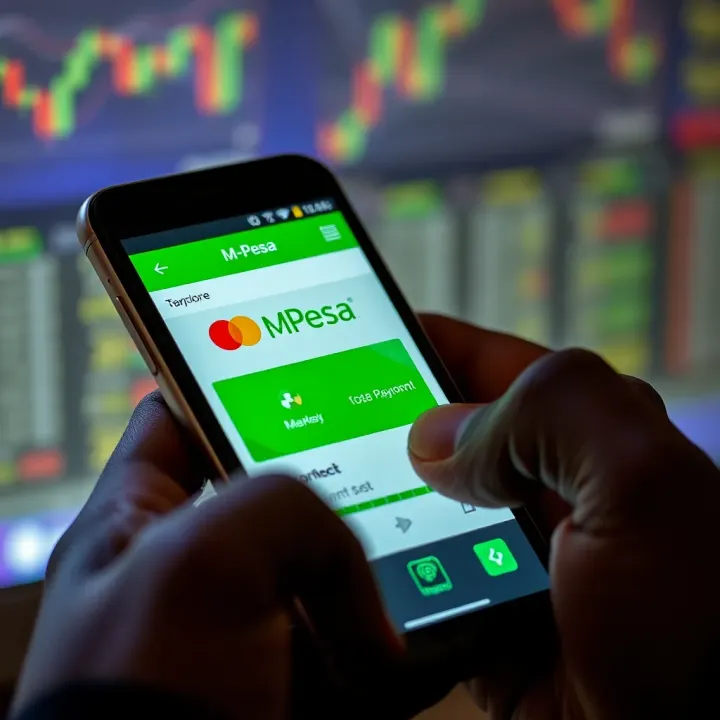 Mobile phone displaying M-Pesa payment interface linked to forex trading platform