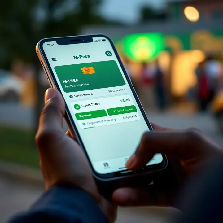 Mobile phone screen displaying M-Pesa payment interface linked to a crypto trading account
