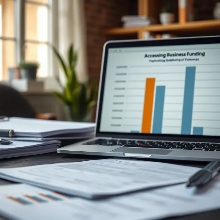 Financial documents and laptop displaying funding application details on desk