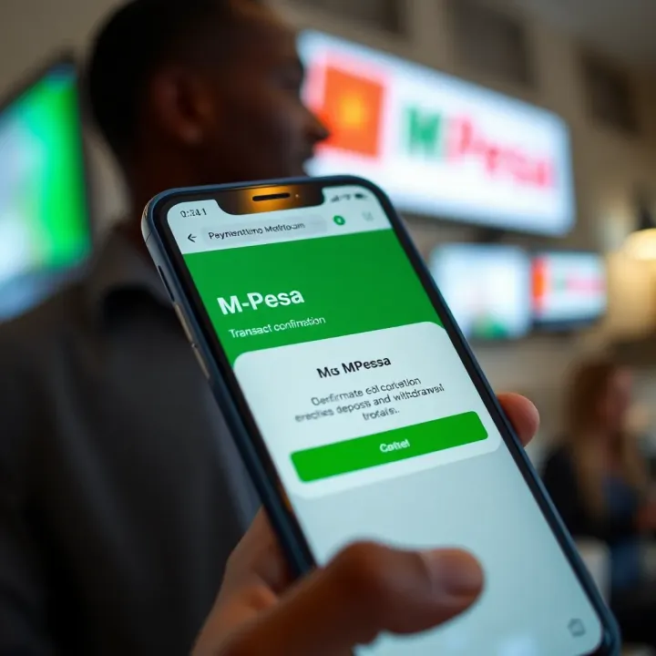 Mobile phone screen displaying M-Pesa transaction confirmation for deposits and withdrawals