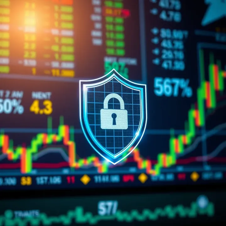 Security shield icon overlaying digital financial data representing safe trading practices