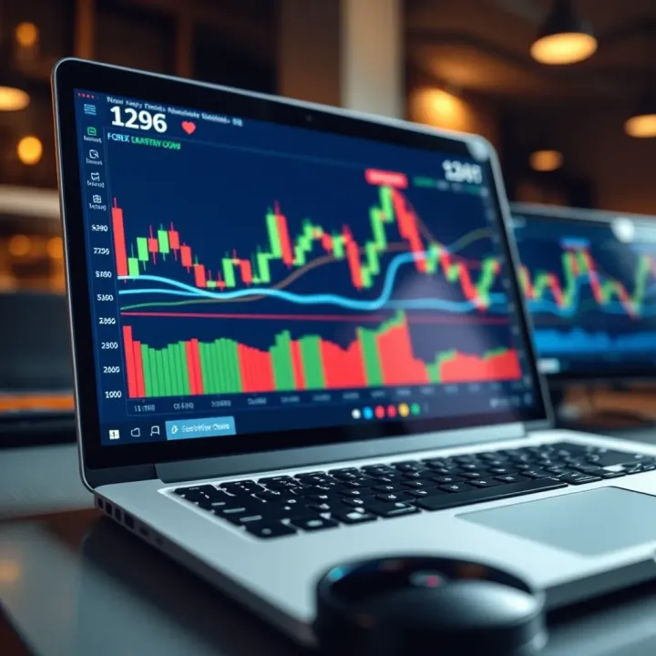 Overview of Forex Trading Platform with Kenyan Market Focus Laptop screen showing forex trading platform with candlestick charts and Kenyan shilling symbols