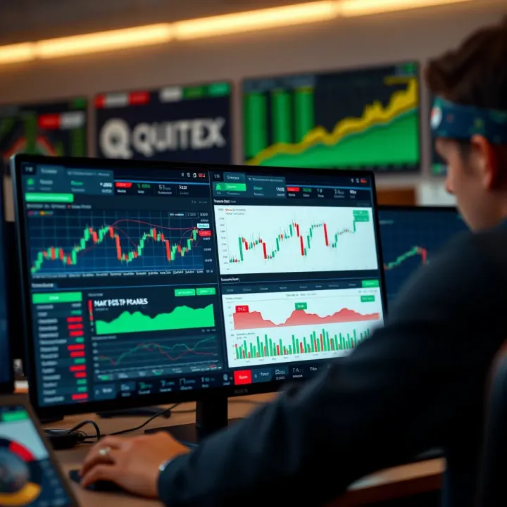 User interface showcasing Quotex trading platform with various financial charts and indicators
