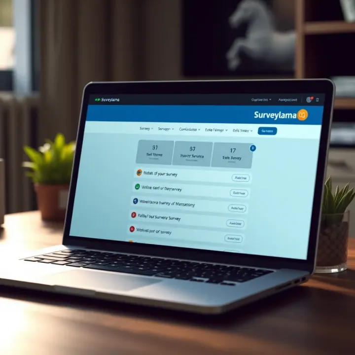 Illustration showing an online survey platform interface on a laptop screen with multiple survey options displayed